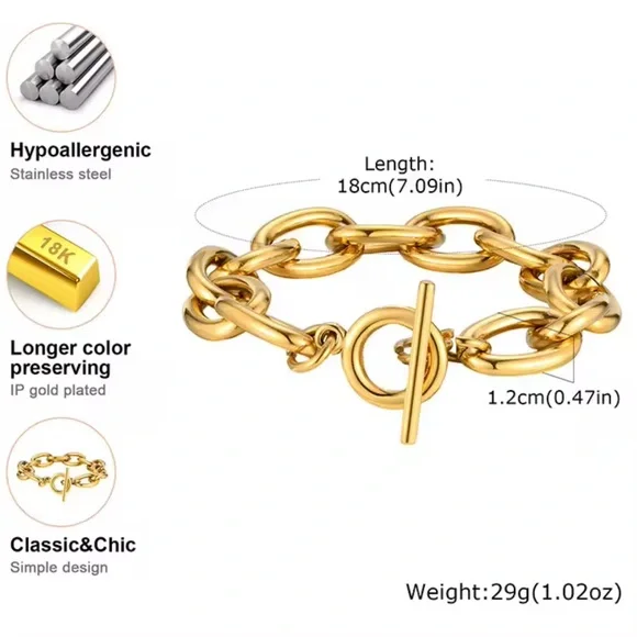 Chunky Bold Toggle Bracelets 18K Gold Stainless Steel - Picture 7 of 9